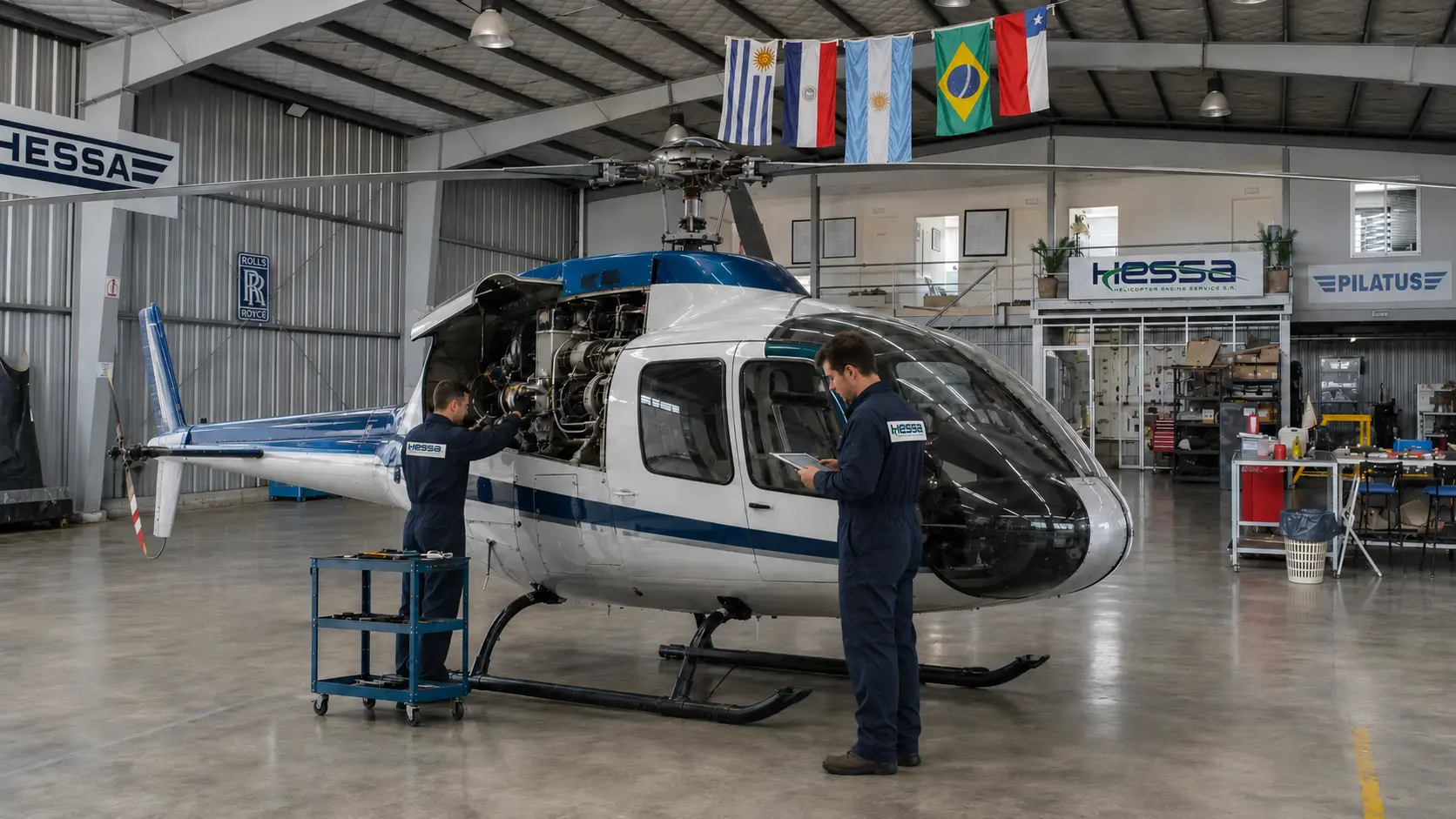 Mantenimiento programado de un helicóptero en el hangar de HESSA en San Fernando